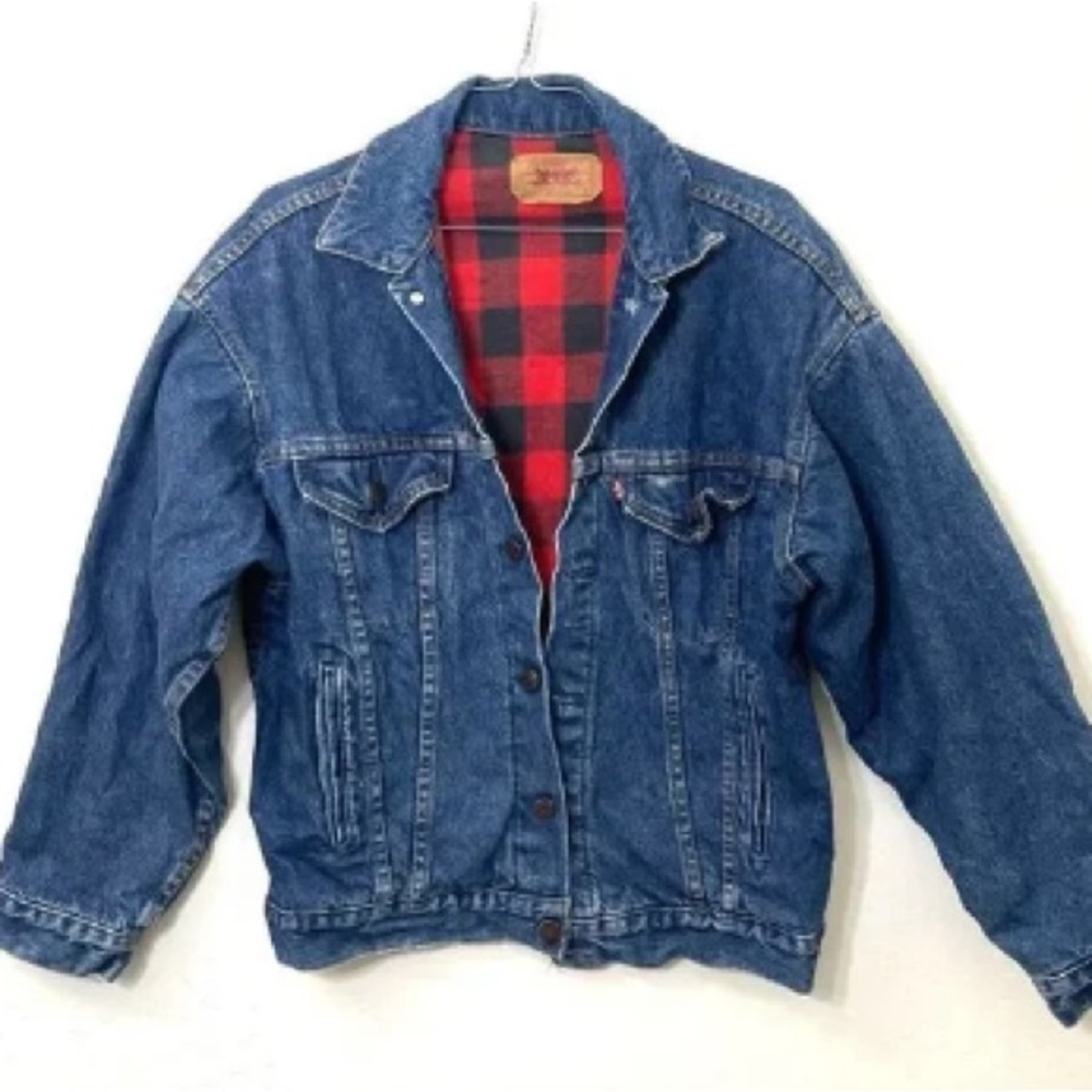 Classic Blue Denim Jacket with Red Plaid Interior
